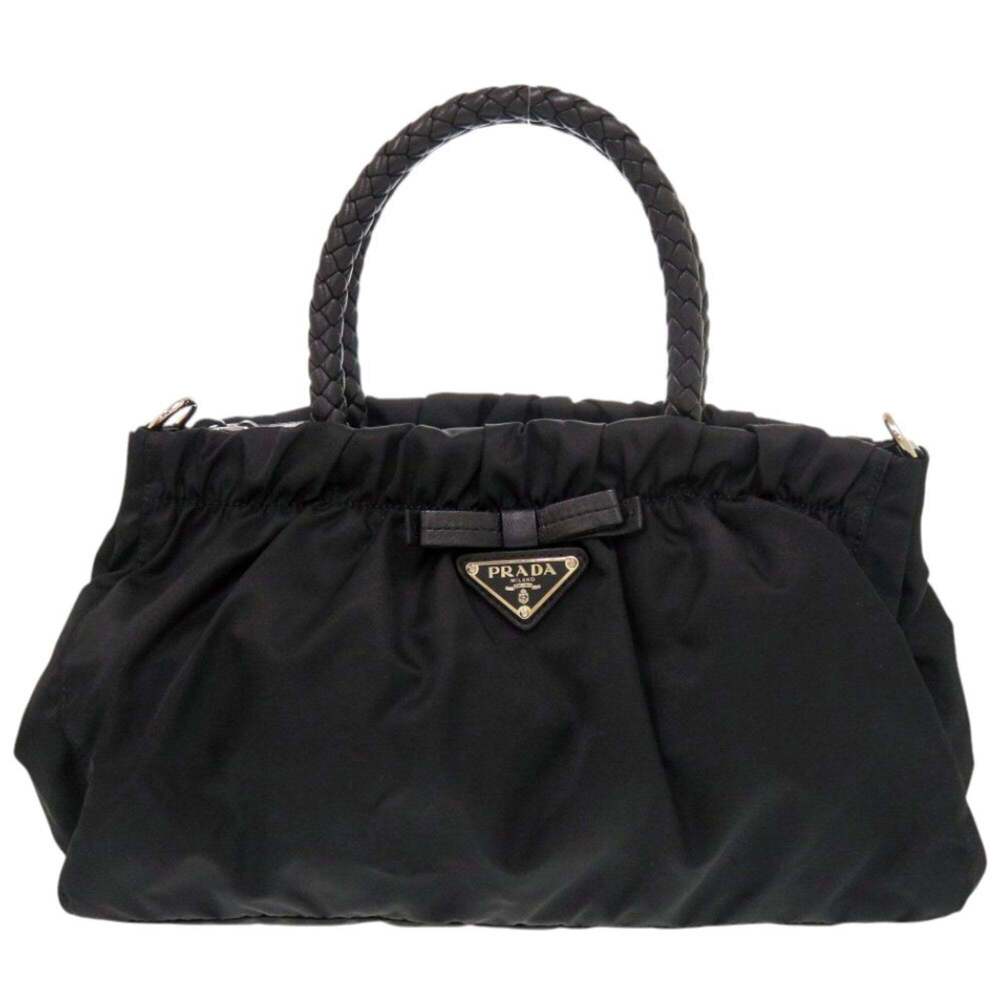 Excellent condition Prada TRSSUTO BOW ribbon handbag BN1631 nylon leather bla...